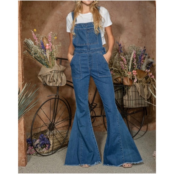 Boho Denim Vintage Style Flared Bell Bottom Wide Leg Overalls - Picture 2 of 8